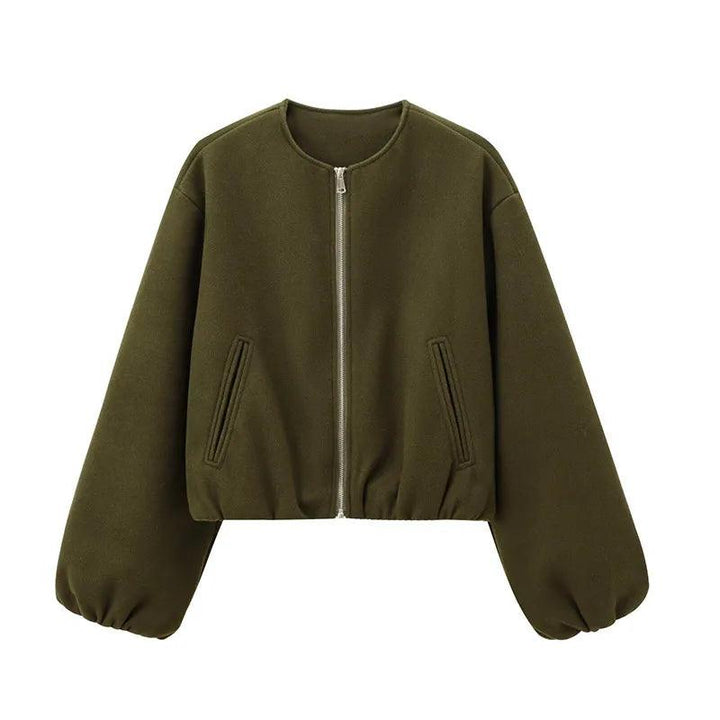 Women's Woolen Bomber Jacket – Solid Zipper Short Coat with Pockets