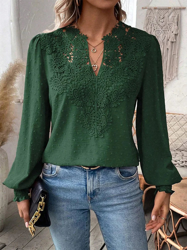 Women's Elegant Lace V-Neck Blouse – Hollowed Long Sleeve Office Shirt