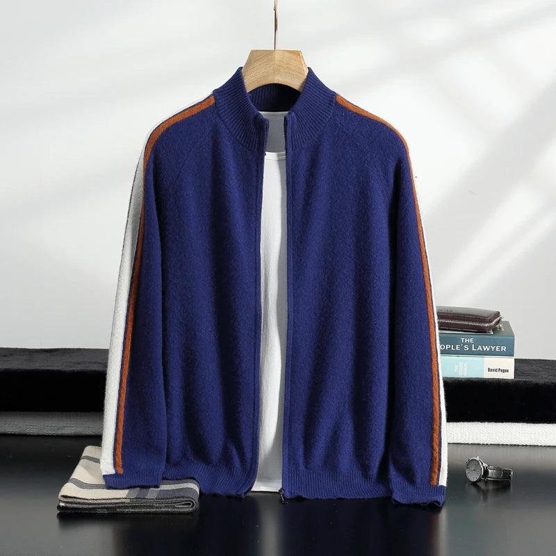 Men’s 100% Cashmere Jacquard Knitted Jacket – Half-High Collar Zipper Cardigan