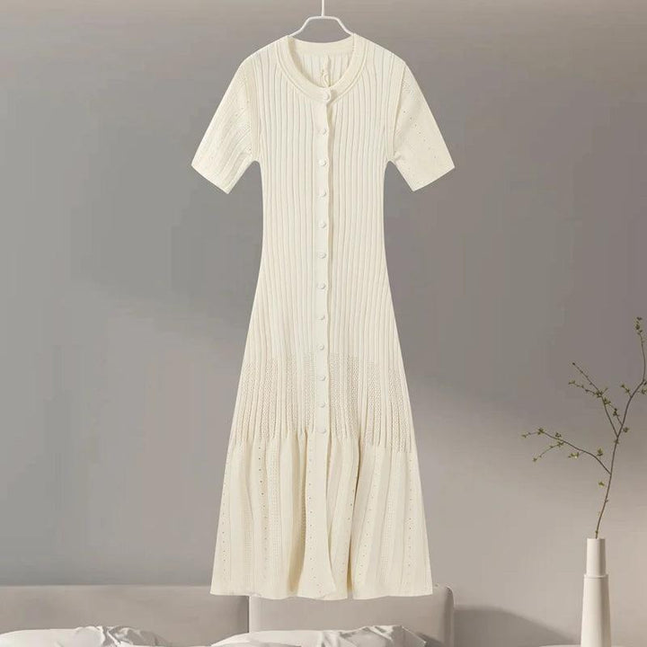 Women's Elegant White Knit Dress – Slim Fit, O-Neck, Short Sleeve, Button-Up Long Dress