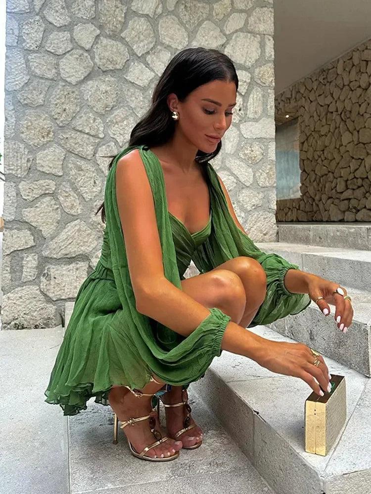 Women's Green Backless Mini Dress – Lace-Up, Ruffle Sleeves, Casual Holiday Outfit