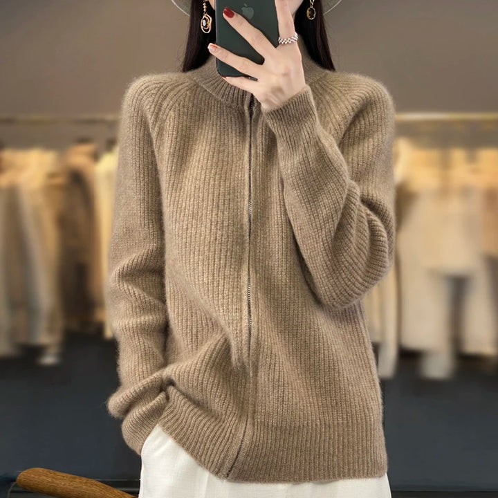 100% Pure Wool Zipper Cardigan – Women's Cashmere Knitted Coat