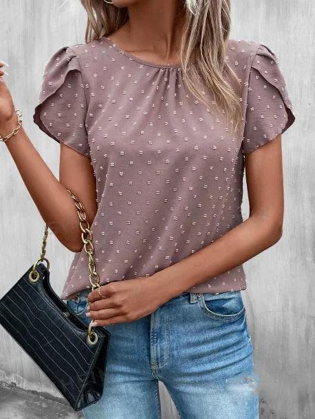 Swiss Dot Crew Neck Blouse – Casual Petal Sleeve Top for Spring & Summer