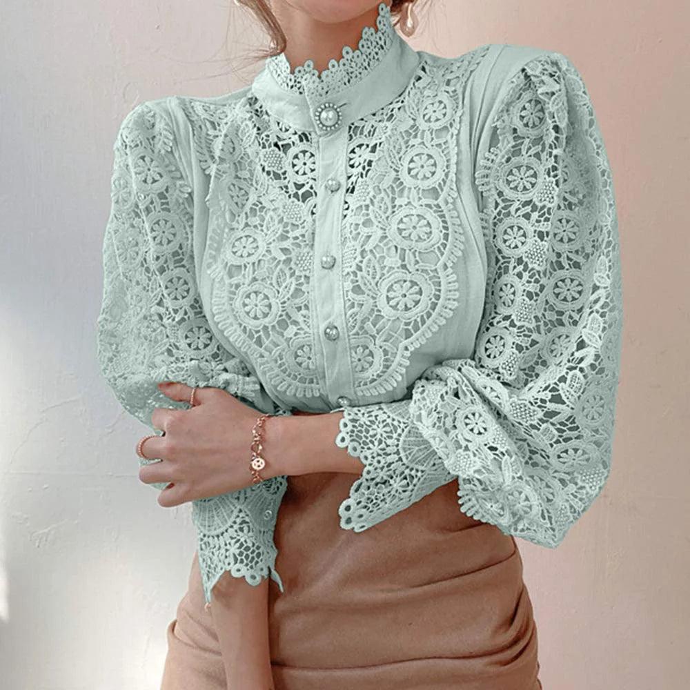 Women's Elegant Lace Blouse – Embroidered Hollow-Out Stand Collar Top