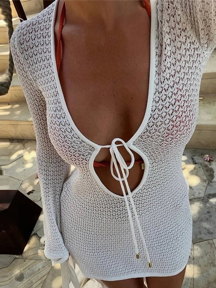 Women's Hollow Out Knit Mini Dress – Lace-Up Long Sleeve Beach Vacation Dress 2025