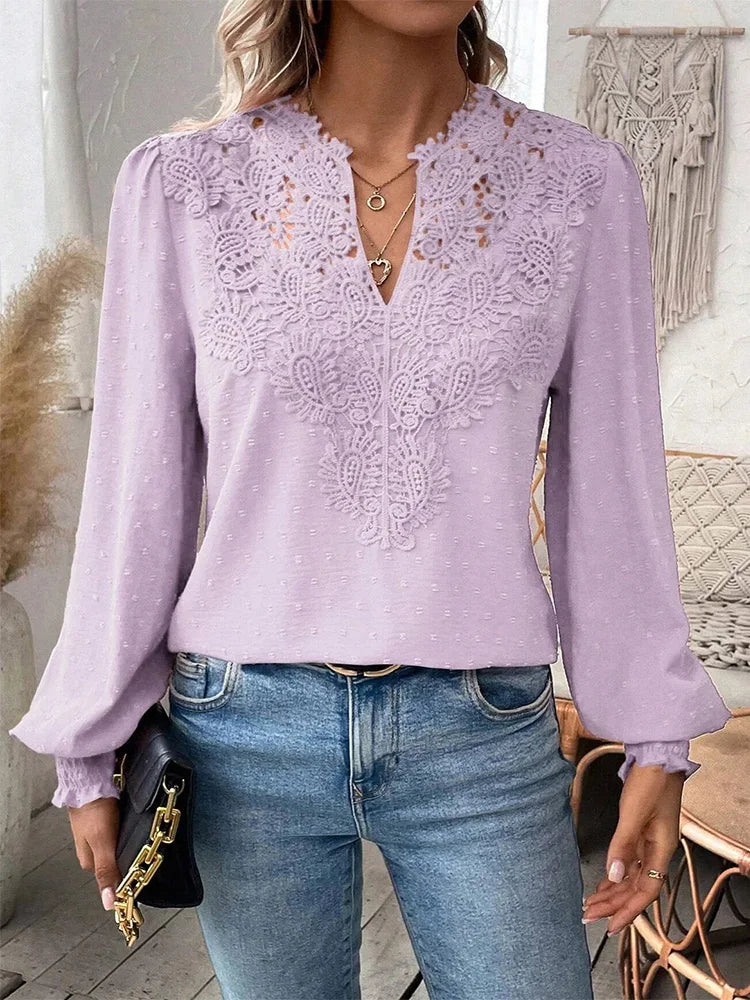 Women's Elegant Lace V-Neck Blouse – Hollowed Long Sleeve Office Shirt