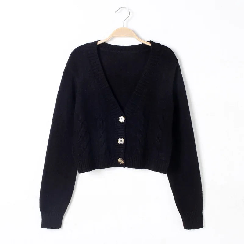 Women's V-Neck Cropped Knit Cardigan – Long Sleeve Twist Sweater Jacket