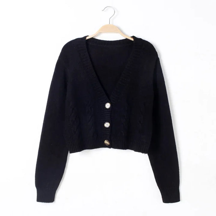 Women's V-Neck Cropped Knit Cardigan – Long Sleeve Twist Sweater Jacket