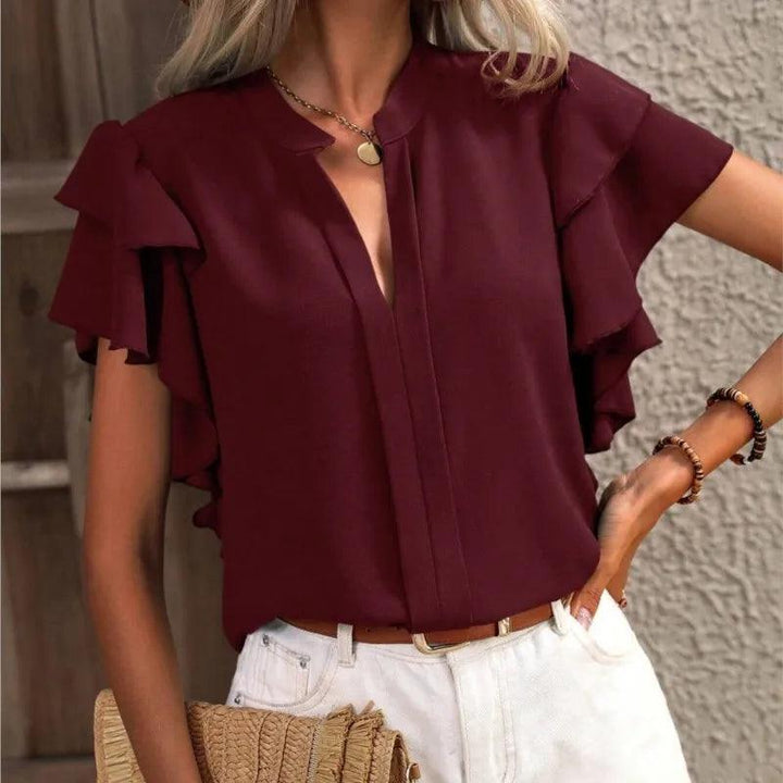 Women's Dark Green V-Neck Blouse – Elegant Ruffle Sleeve Summer Pullover Top