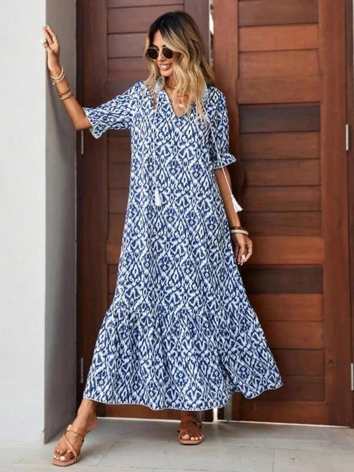 Women's Floral Chiffon Maxi Dress – V-Neck, Short Sleeve, Boho Flowy A-Line Summer Dress