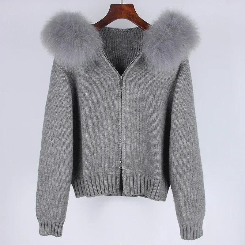 Women's Short Knitted Jacket – Real Fox Fur Collar, Hooded Winter Coat